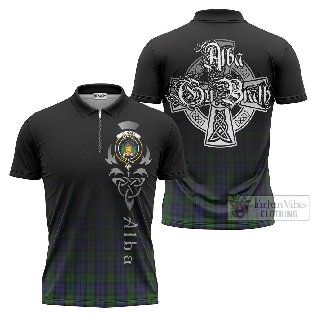Dundas Tartan Zipper Polo Shirt Featuring Alba Gu Brath Family Crest Celtic Inspired Unisex - Tartan Vibes Clothing