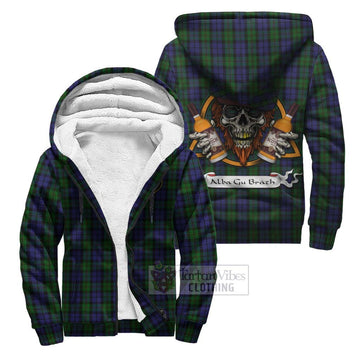 Dundas Tartan Sherpa Hoodie with Family Crest and Bearded Skull Holding Bottles of Whiskey Unisex S - Tartan Vibes Clothing