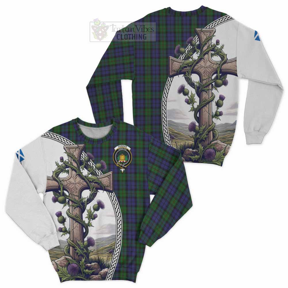 Dundas Tartan Sweatshirt with Family Crest and St. Andrew's Cross Accented by Thistle Vines Unisex - Tartan Vibes Clothing