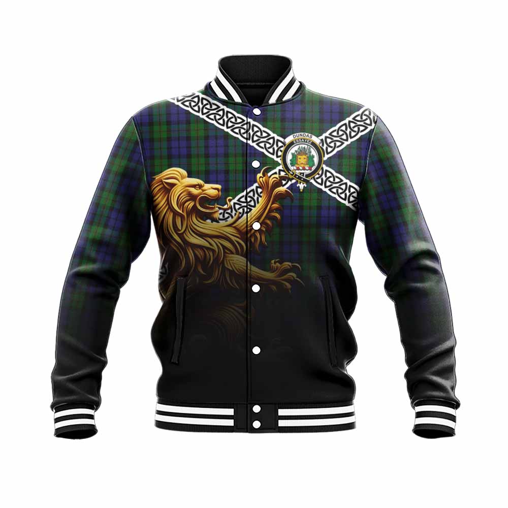 Dundas Crest Tartan Baseball Jacket with Golden Lion Emblem Celtic Style Unisex - Tartan Vibes Clothing