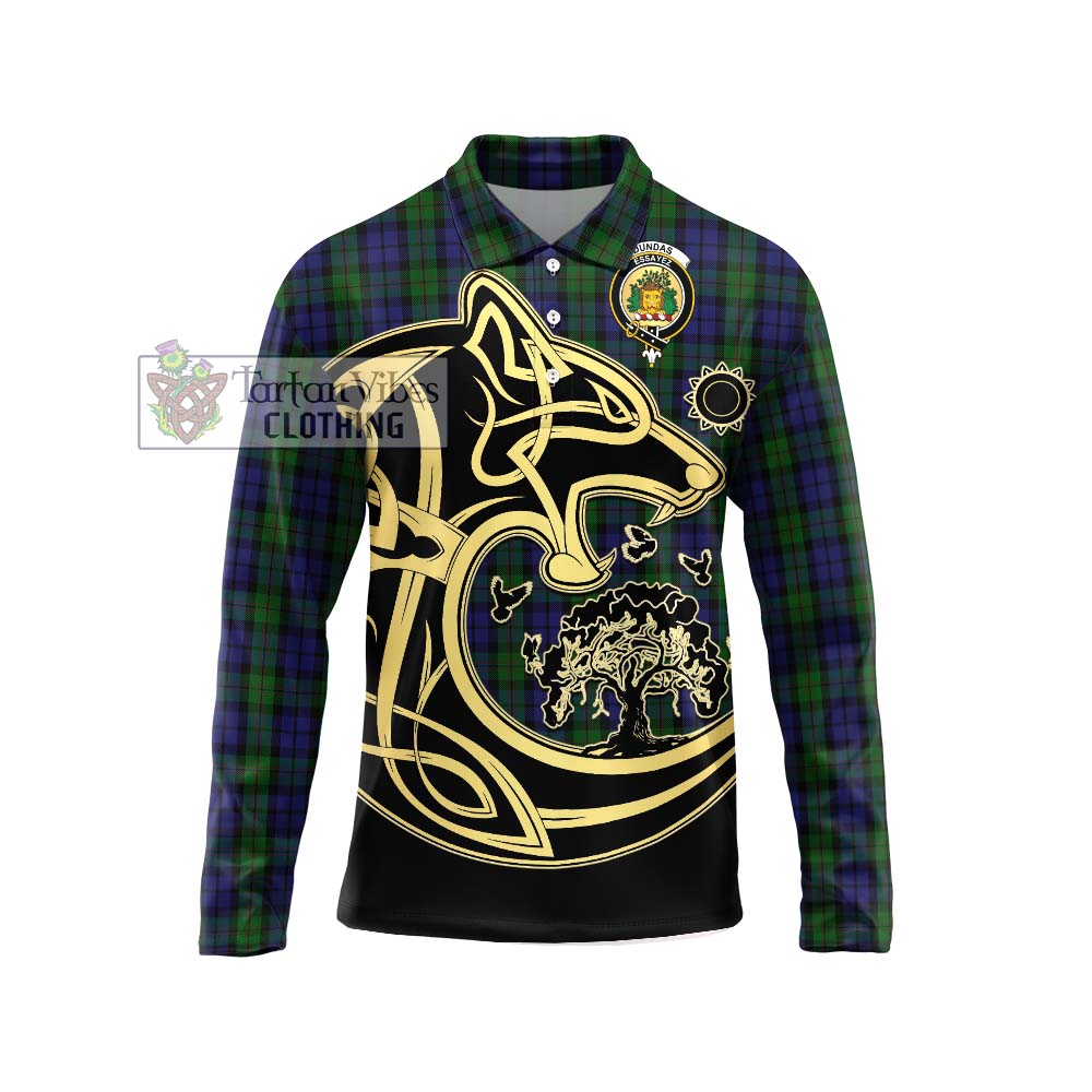 Dundas Tartan Long Sleeve Polo Shirt with Family Crest Celtic Wolf Style Unisex - Tartan Vibes Clothing