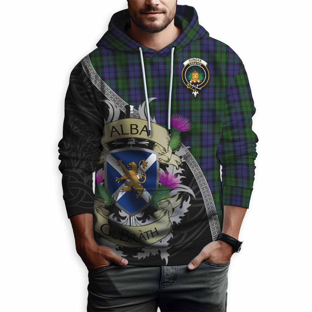 Dundas Tartan Family Crest Hoodie Lion Rampant Royal Thistle Shield Celtic Inspired Pullover Hoodie - Tartan Vibes Clothing