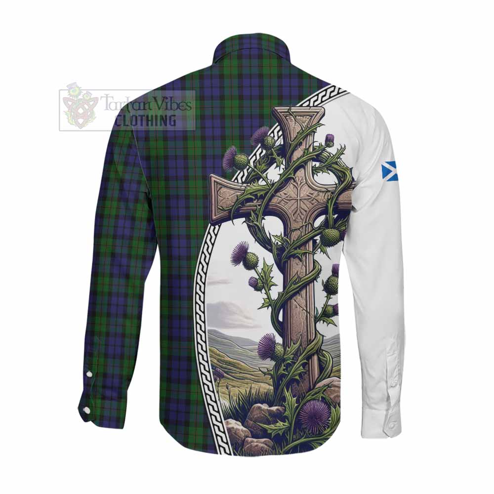 Dundas Tartan Long Sleeve Button Shirt with Family Crest and St. Andrew's Cross Accented by Thistle Vines Men's Shirt - Tartan Vibes Clothing