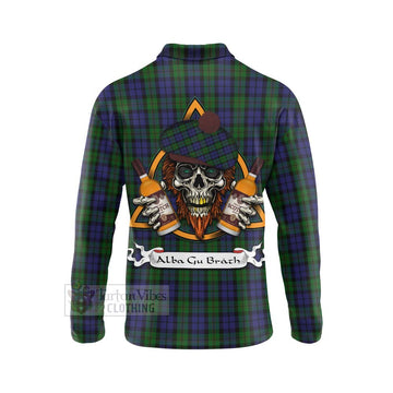 Dundas Tartan Long Sleeve Polo Shirt with Family Crest and Bearded Skull Holding Bottles of Whiskey - Tartan Vibes Clothing