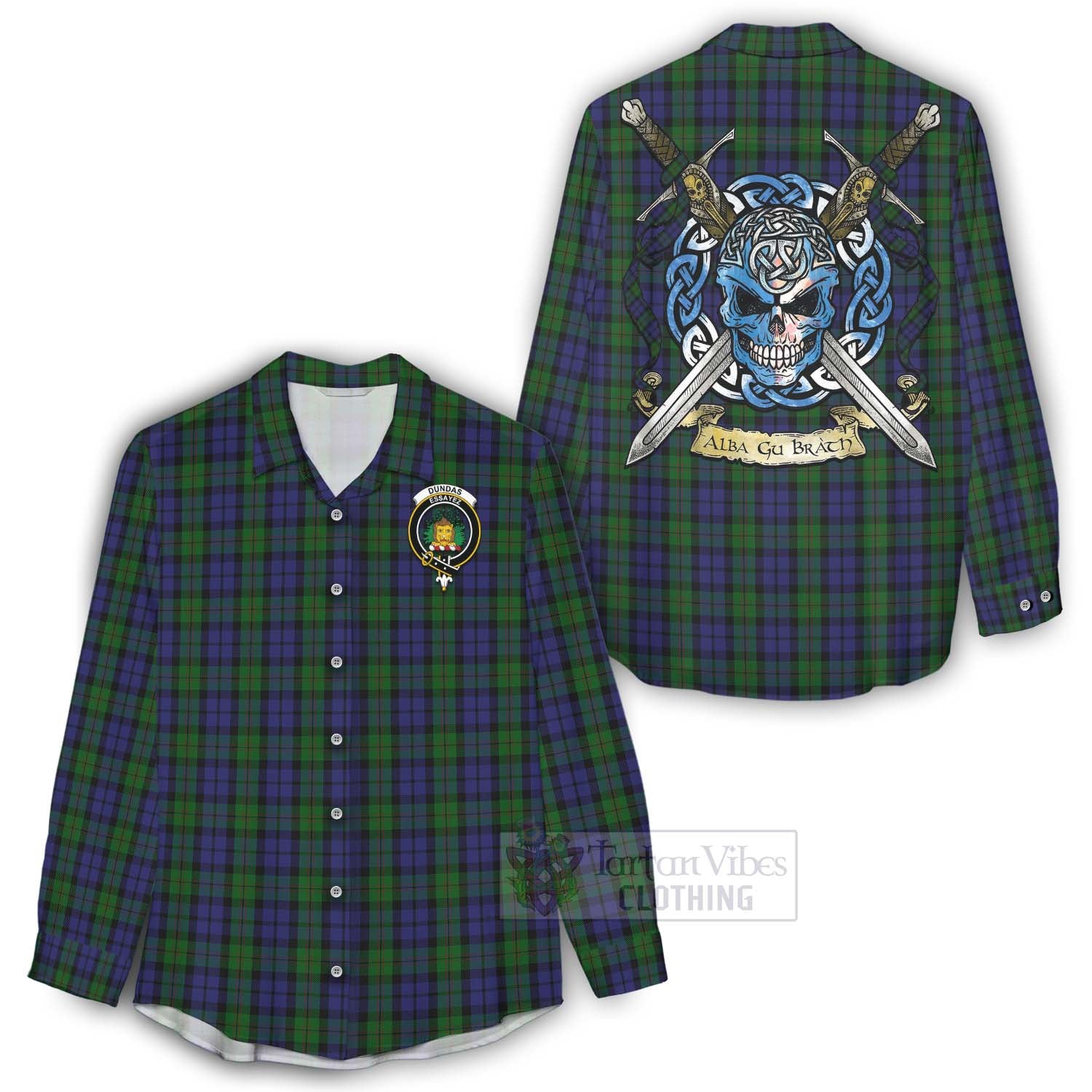 Dundas Tartan Women's Casual Shirt with Family Crest Celtic Skull Style - Tartan Vibes Clothing