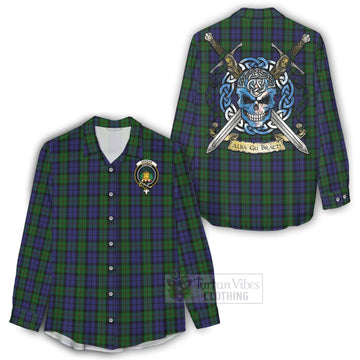 Dundas Tartan Women's Casual Shirt with Family Crest Celtic Skull Style - Tartan Vibes Clothing