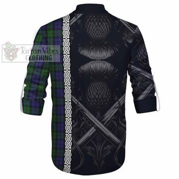 Dundas Tartan Ghillie Kilt Shirt with Family Crest Cross Sword Thistle Celtic Vibes - Tartan Vibes Clothing
