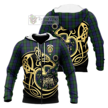 Dundas Tartan Knitted Hoodie with Family Crest Celtic Wolf Style Unisex Knitted Zip Hoodie - Tartan Vibes Clothing