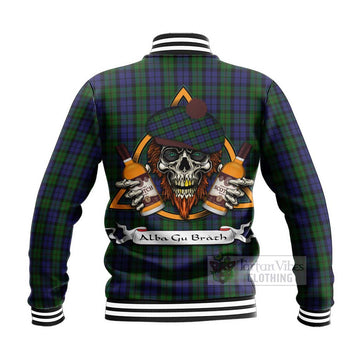 Dundas Tartan Baseball Jacket with Family Crest and Bearded Skull Holding Bottles of Whiskey - Tartan Vibes Clothing