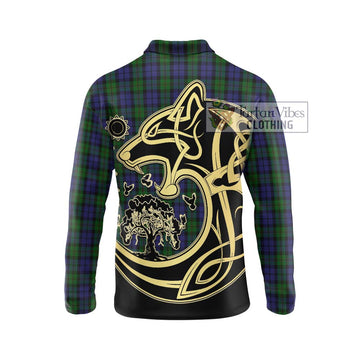 Dundas Tartan Long Sleeve Polo Shirt with Family Crest Celtic Wolf Style - Tartan Vibes Clothing