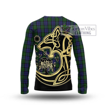 Dundas Tartan Long Sleeve T-Shirt with Family Crest Celtic Wolf Style - Tartan Vibes Clothing