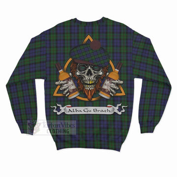 Dundas Tartan Sweatshirt with Family Crest and Bearded Skull Holding Bottles of Whiskey - Tartan Vibes Clothing