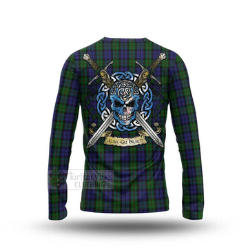 Dundas Tartan Long Sleeve T-Shirt with Family Crest Celtic Skull Style - Tartan Vibes Clothing