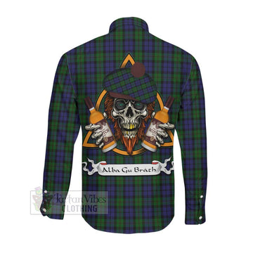 Dundas Tartan Long Sleeve Button Shirt with Family Crest and Bearded Skull Holding Bottles of Whiskey Men's Shirt - Tartan Vibes Clothing