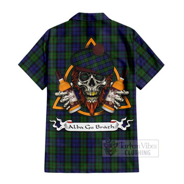 Dundas Tartan Hawaiian Shirt with Family Crest and Bearded Skull Holding Bottles of Whiskey - Tartan Vibes Clothing