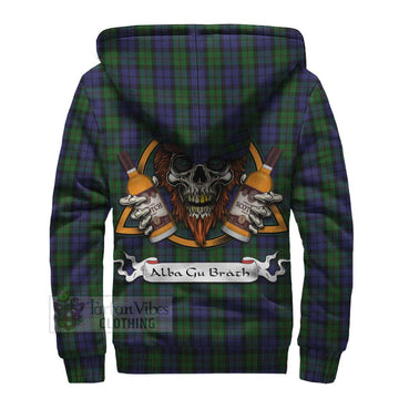 Dundas Tartan Sherpa Hoodie with Family Crest and Bearded Skull Holding Bottles of Whiskey - Tartan Vibes Clothing
