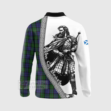 Dundas Tartan Clan Crest Long Sleeve Polo Shirt with Highlander Warrior Celtic Style - Tartan Vibes Clothing