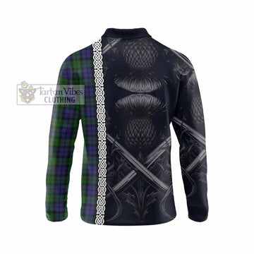 Dundas Tartan Long Sleeve Polo Shirt with Family Crest Cross Sword Thistle Celtic Vibes - Tartan Vibes Clothing
