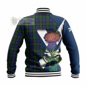 Tartan Vibes Clothing Dundas Tartan Family Crest Baseball Jacket Scottish Thistle Celtic Inspired