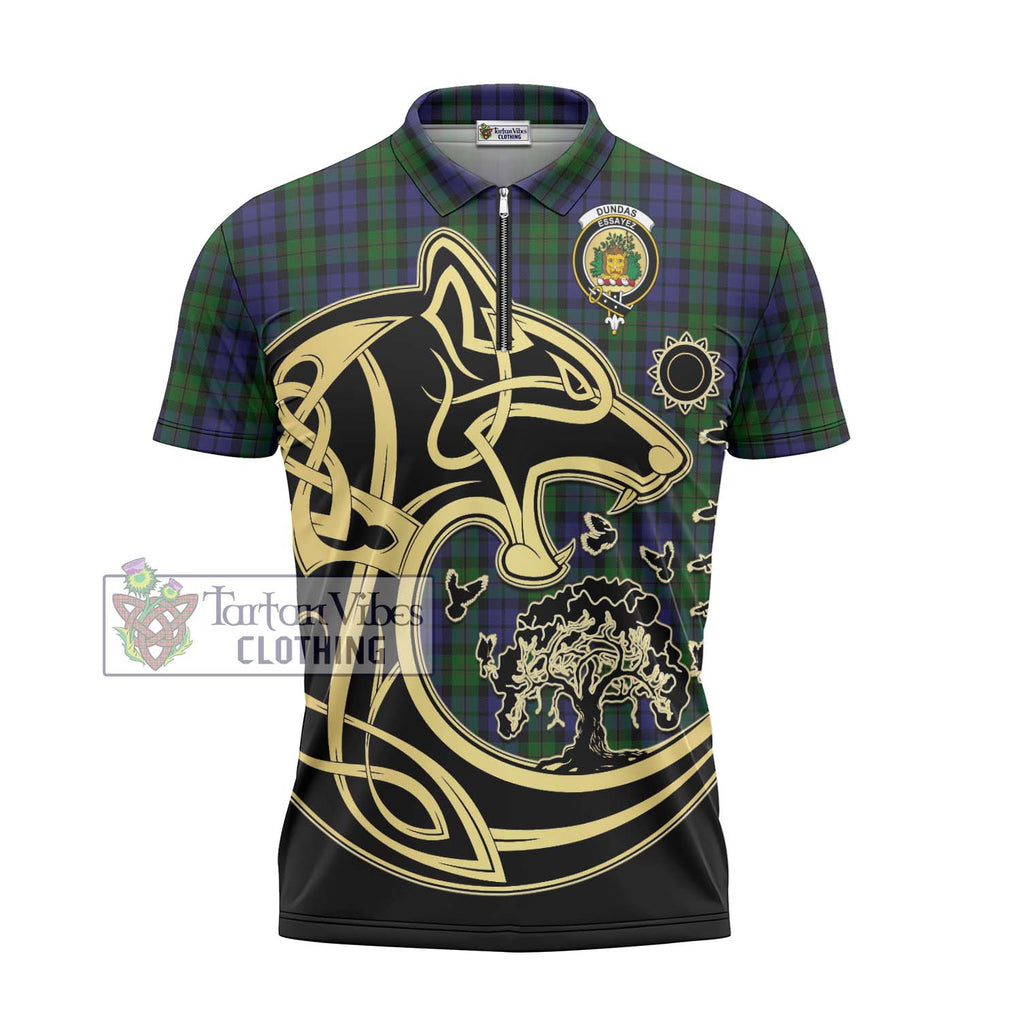 Dundas Tartan Zipper Polo Shirt with Family Crest Celtic Wolf Style - Tartan Vibes Clothing