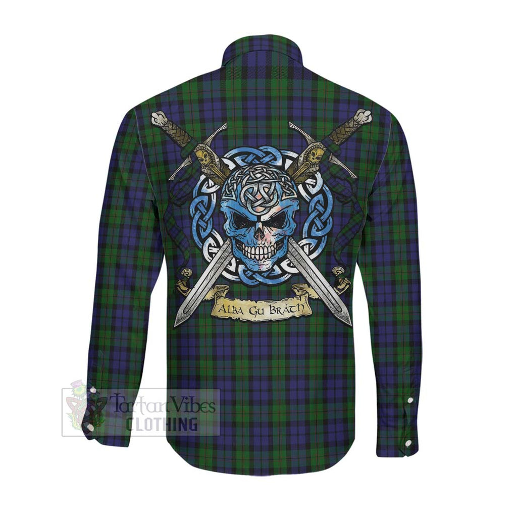 Dundas Tartan Long Sleeve Button Shirt with Family Crest Celtic Skull Style Men's Shirt - Tartan Vibes Clothing