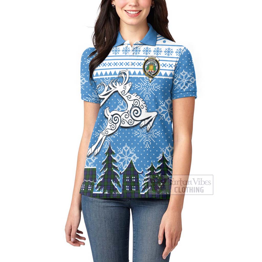 Dundas Clan Christmas Women's Polo Shirt Celtic Reindeer Style - Tartan Vibes Clothing