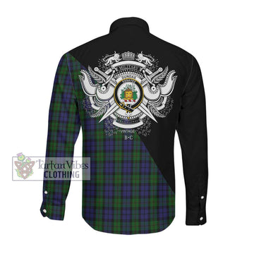Dundas Tartan Long Sleeve Button Shirt with Family Crest and Military Logo Style Men's Shirt - Tartanvibesclothing Shop