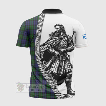 Dundas Tartan Clan Crest Zipper Polo Shirt with Highlander Warrior Celtic Style - Tartan Vibes Clothing