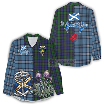Dundas Tartan Women's Casual Shirt Happy St. Andrew's Day Half Tartan Style - Tartan Vibes Clothing