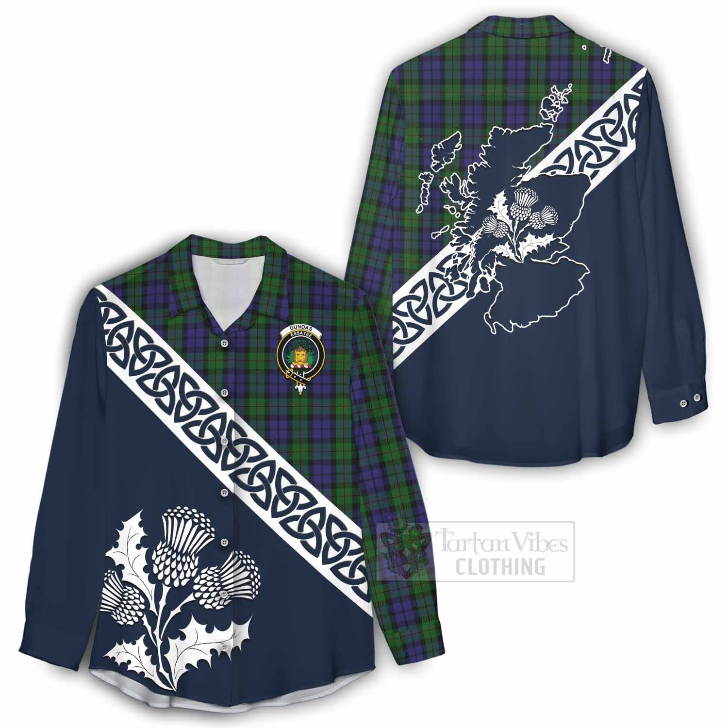 Dundas Tartan Women's Casual Shirt Featuring Thistle and Scotland Map - Tartan Vibes Clothing