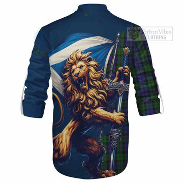 Dundas Tartan Family Crest Ghillie Kilt Shirt with Scottish Majestic Lion - Tartan Vibes Clothing