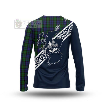 Dundas Tartan Long Sleeve T-Shirt Featuring Thistle and Scotland Map - Tartan Vibes Clothing