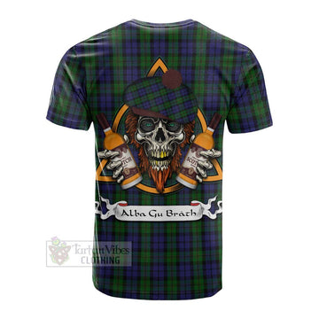 Dundas Tartan Cotton T-shirt with Family Crest and Bearded Skull Holding Bottles of Whiskey - Tartan Vibes Clothing