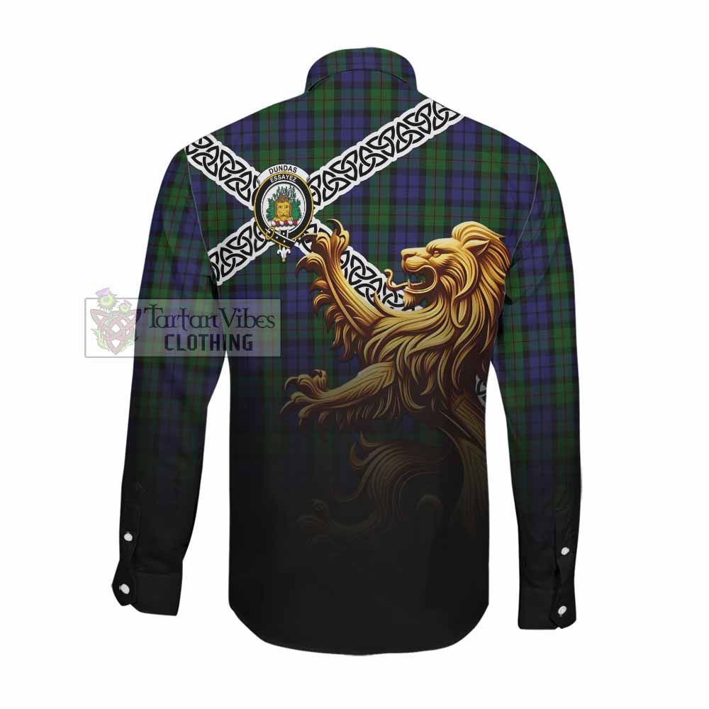 Dundas Crest Tartan Long Sleeve Button Shirt with Golden Lion Emblem Celtic Style Men's Shirt - Tartan Vibes Clothing