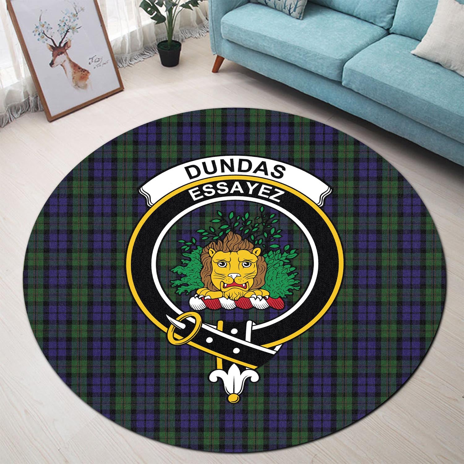 Dundas Tartan Round Rug with Family Crest - Tartan Vibes Clothing