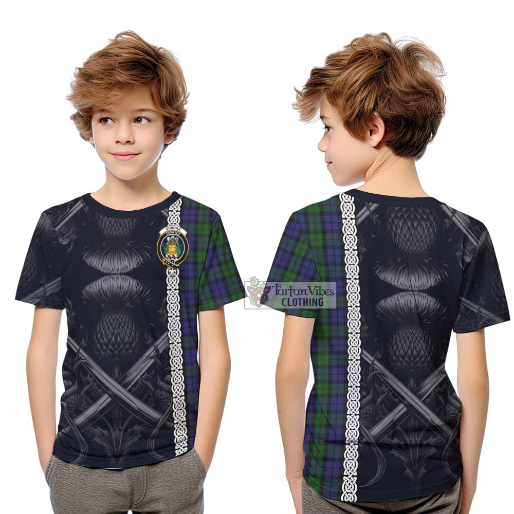 Dundas Tartan Kid T-Shirt with Family Crest Cross Sword Thistle Celtic Vibes - Tartan Vibes Clothing