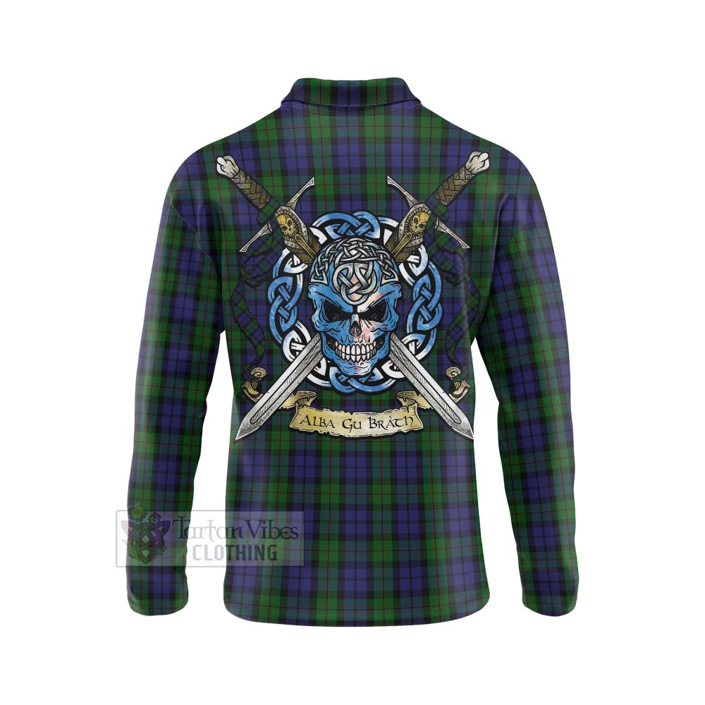 Dundas Tartan Long Sleeve Polo Shirt with Family Crest Celtic Skull Style - Tartan Vibes Clothing