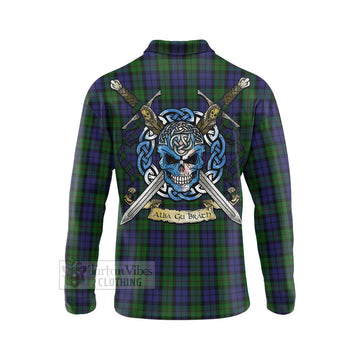 Dundas Tartan Long Sleeve Polo Shirt with Family Crest Celtic Skull Style - Tartan Vibes Clothing
