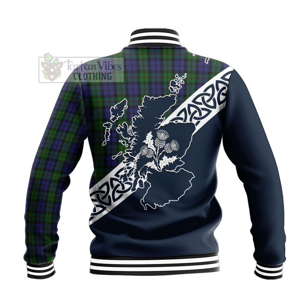 Dundas Tartan Baseball Jacket Featuring Thistle and Scotland Map - Tartan Vibes Clothing