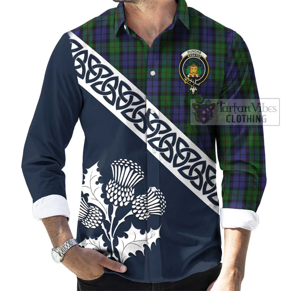 Dundas Tartan Long Sleeve Button Shirt Featuring Thistle and Scotland Map Men's Shirt - Tartan Vibes Clothing