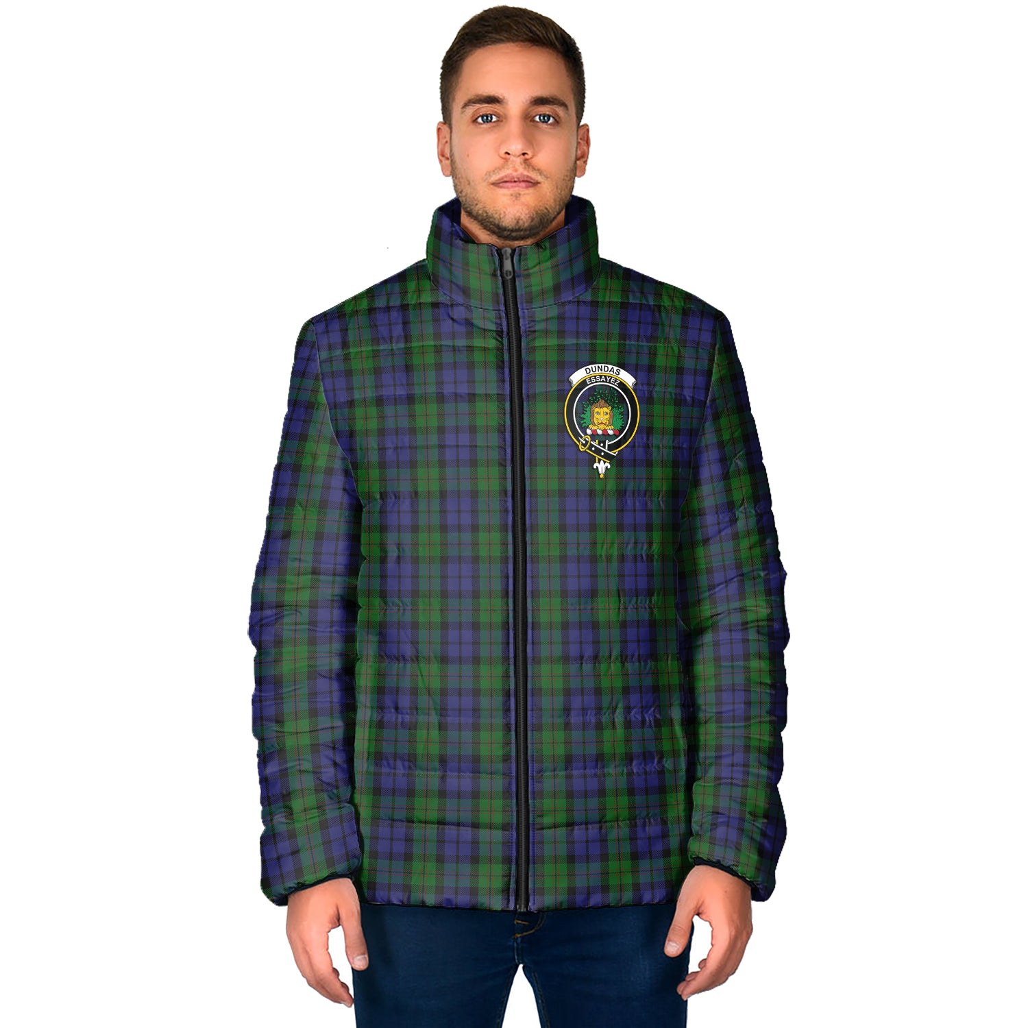 Dundas Tartan Padded Jacket with Family Crest - Tartan Vibes Clothing