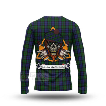 Dundas Tartan Long Sleeve T-Shirt with Family Crest and Bearded Skull Holding Bottles of Whiskey - Tartan Vibes Clothing