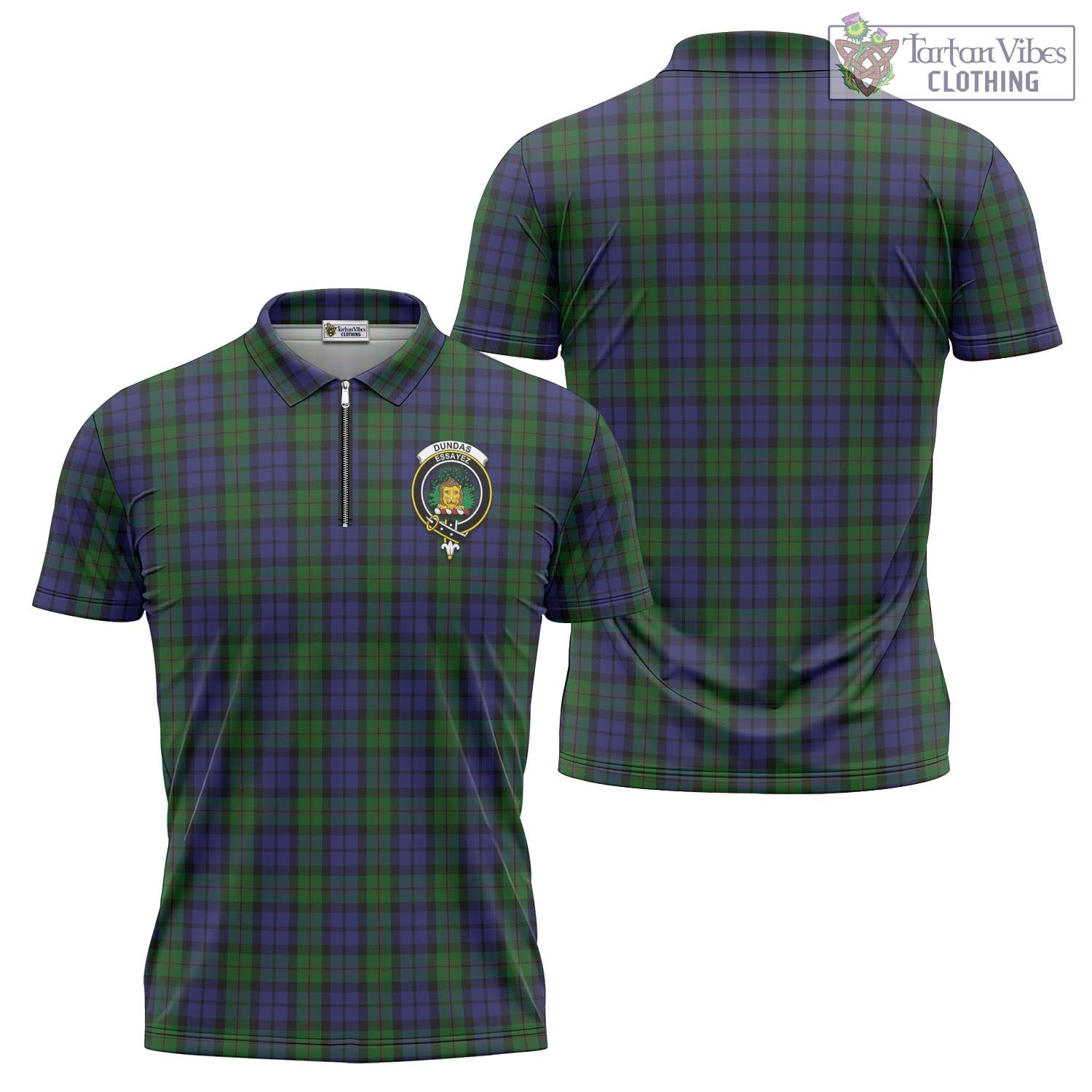 Dundas Tartan Zipper Polo Shirt with Family Crest - Tartan Vibes Clothing