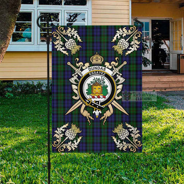 Tartan Vibes Clothing Dundas Tartan Flag with Family Crest and Golden Thistle Crossed Sword Design