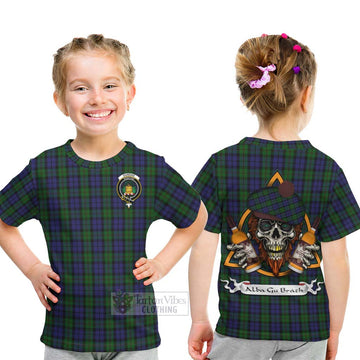 Dundas Tartan Kid T-Shirt with Family Crest and Bearded Skull Holding Bottles of Whiskey - Tartan Vibes Clothing