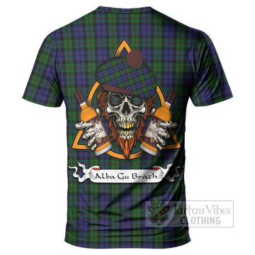 Dundas Tartan T-Shirt with Family Crest and Bearded Skull Holding Bottles of Whiskey - Tartan Vibes Clothing