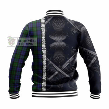 Dundas Tartan Baseball Jacket with Family Crest Cross Sword Thistle Celtic Vibes - Tartan Vibes Clothing
