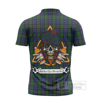 Dundas Tartan Zipper Polo Shirt with Family Crest and Bearded Skull Holding Bottles of Whiskey - Tartan Vibes Clothing
