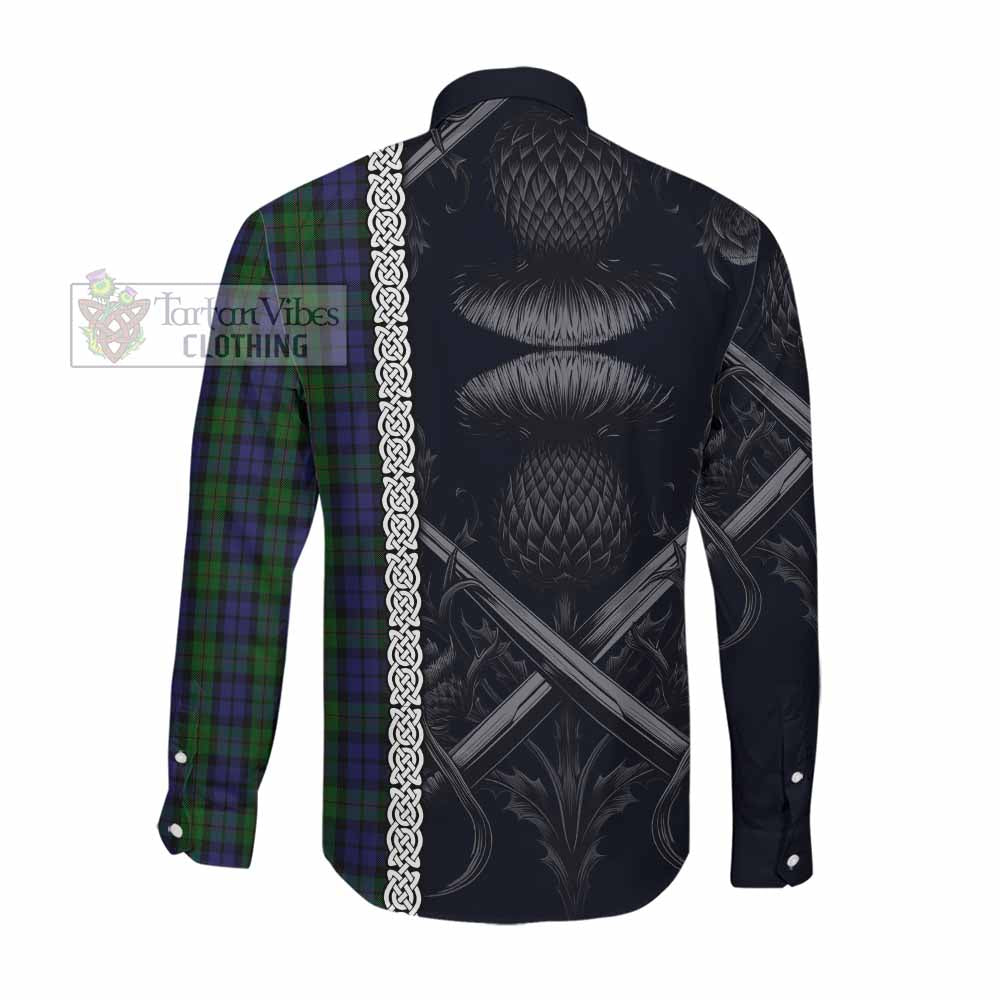Tartan Vibes Clothing Dundas Tartan Long Sleeve Button Shirt with Family Crest Cross Sword Thistle Celtic Vibes