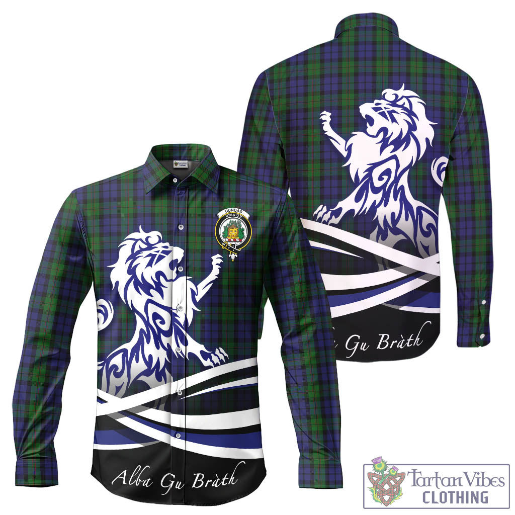 Dundas Tartan Long Sleeve Button Up Shirt with Alba Gu Brath Regal Lion Emblem - Tartan Vibes Clothing